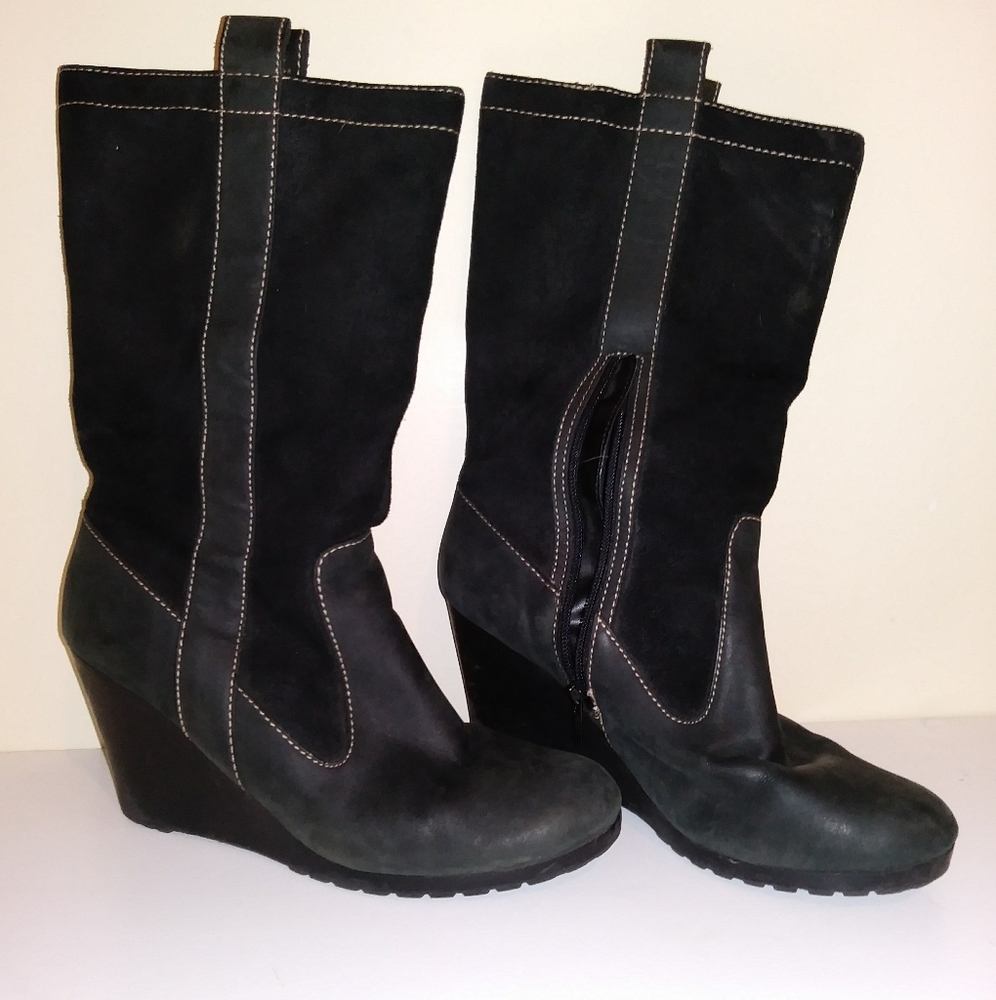 Tommy Hilfiger Black Leather Wedge Boots